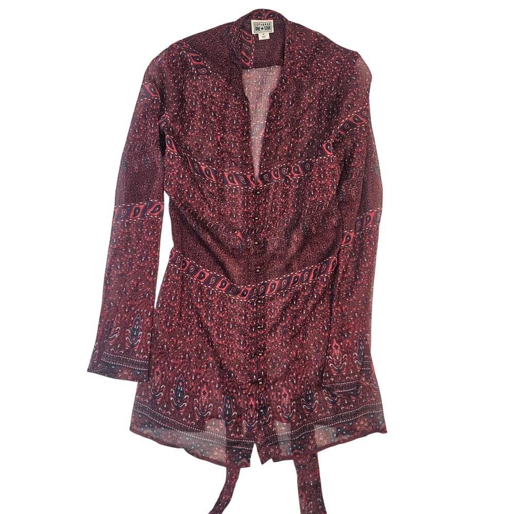 Converse‎ One Star Womens Medium Burgundy Paisley Sheer Button Front Tunic Top